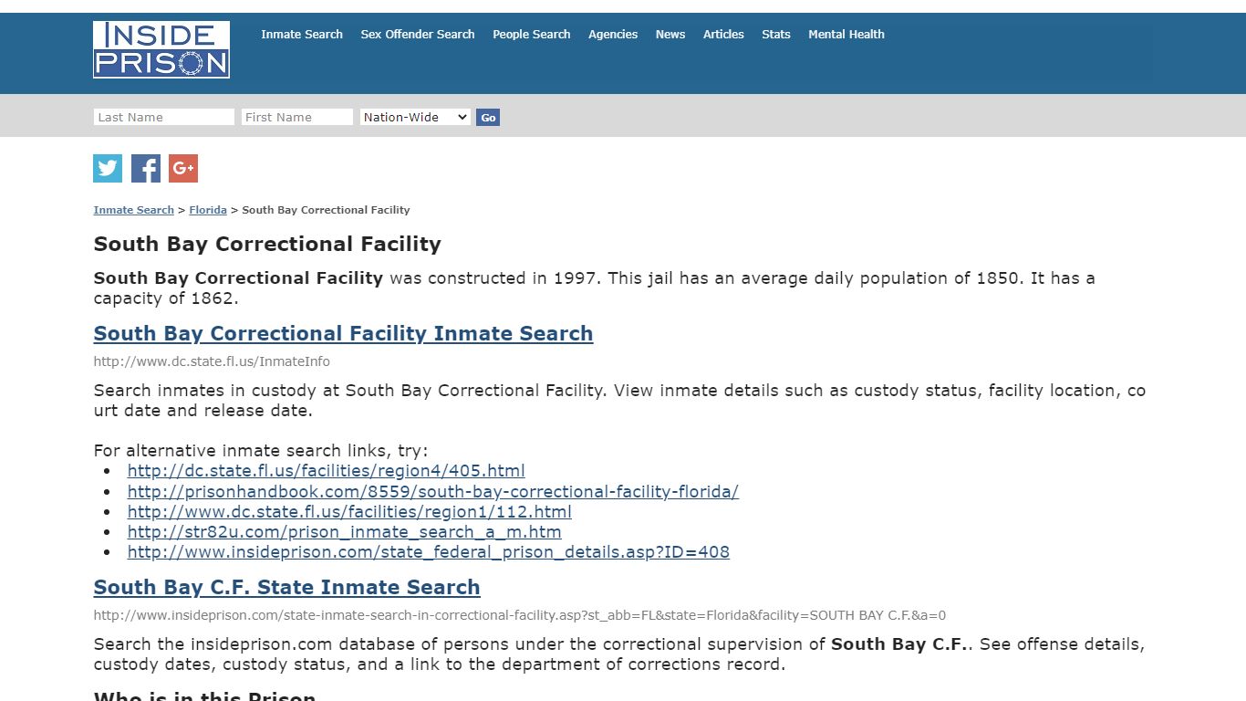 South Bay Correctional Facility - Florida - Inmate Search